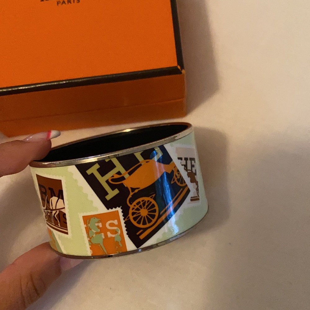 Authentic Hermes Wide Stamps Logo Enamel Bracelet View 2